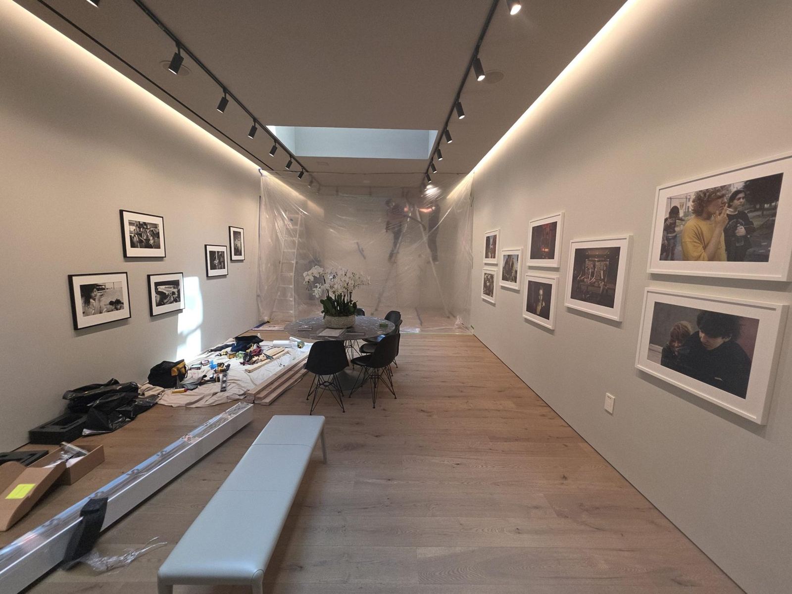 Gallery room with track lighting, cove lighting and a skylight